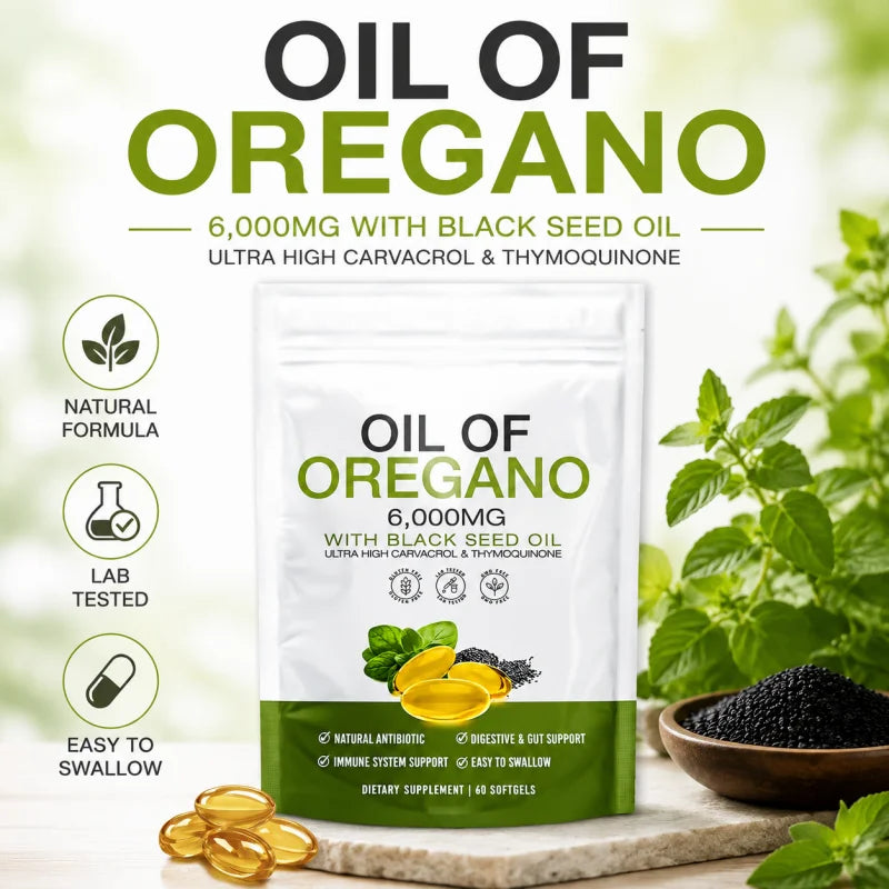 Natural Oil of Oregano Softgels 6000mg with Black Seed Oil Carvacrol Thymoquinone Herbal Supplement