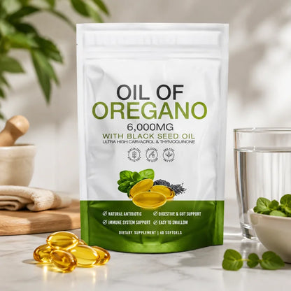 Natural Oil of Oregano Softgels 6000mg with Black Seed Oil Carvacrol Thymoquinone Herbal Supplement